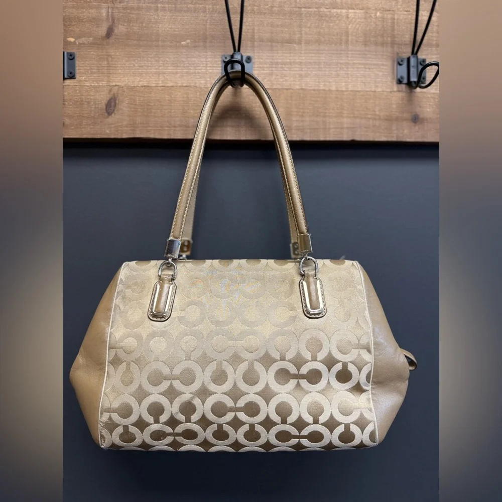 Coach 25638 Madison Madeline White and Gold Canvas Shoulder Bag
